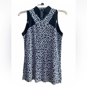 Jamie Sadock Sz S Black White Leopard Print Sleeveless 1/4 Zip Collar Golf Top